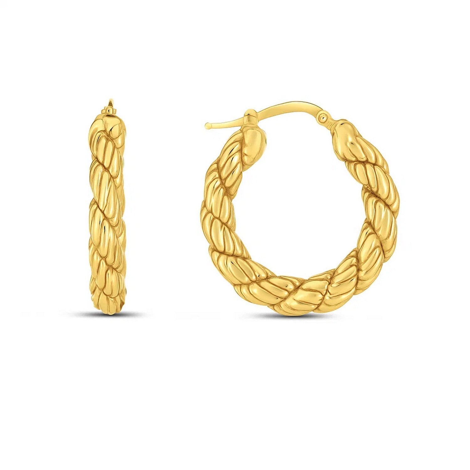 14k Yellow Gold Rope Hoop Earrings in a sleek high-contrast midnight luxury editorial style